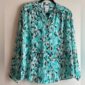 Bon Worth~NWOT~Geometric Button-Up Long Sleeve Blouse~Mandarin Collar~Size MP